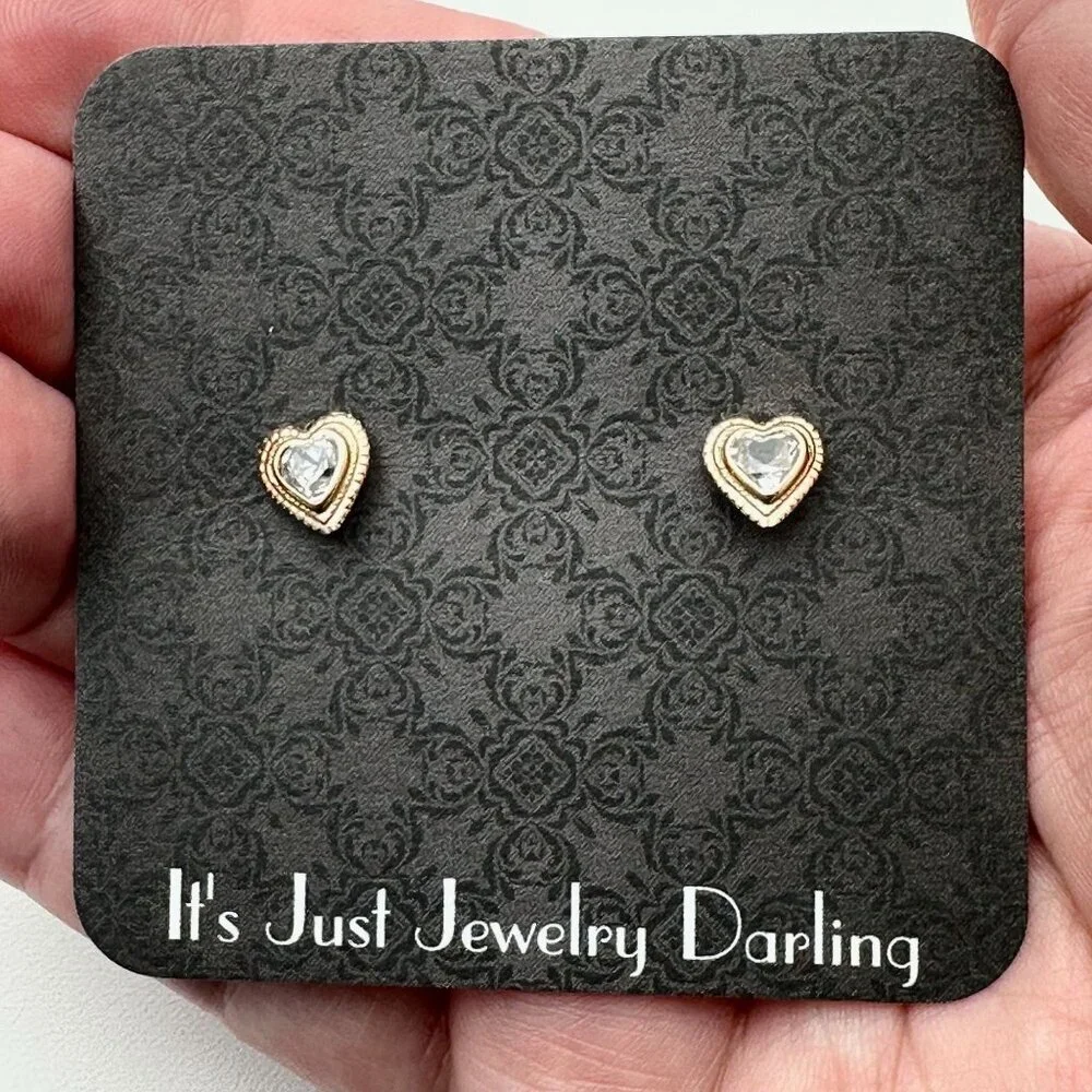 14K Gold Womens Earrings Pierced Heart Cubic Zirconia CZ Studs Gift Idea for Her